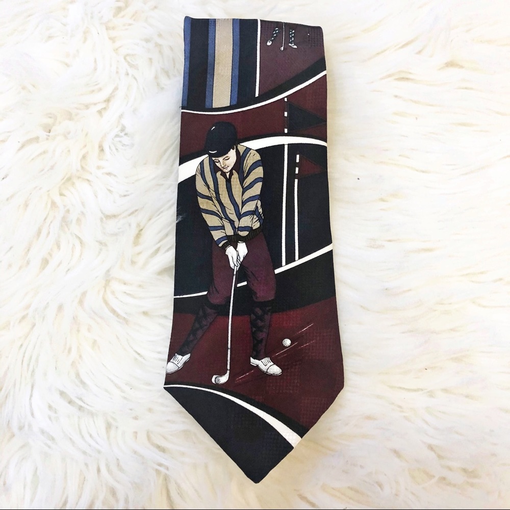 Hunt Club Vintage Golf Theme Golfer Print All Silk Men’s Tie